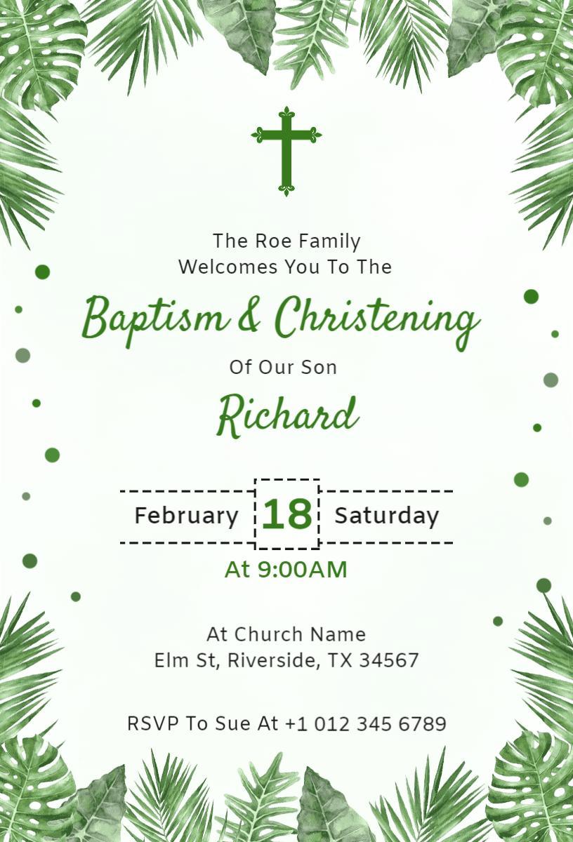 Elegant Tropical Greenery Baptism Ceremony Invitation Template