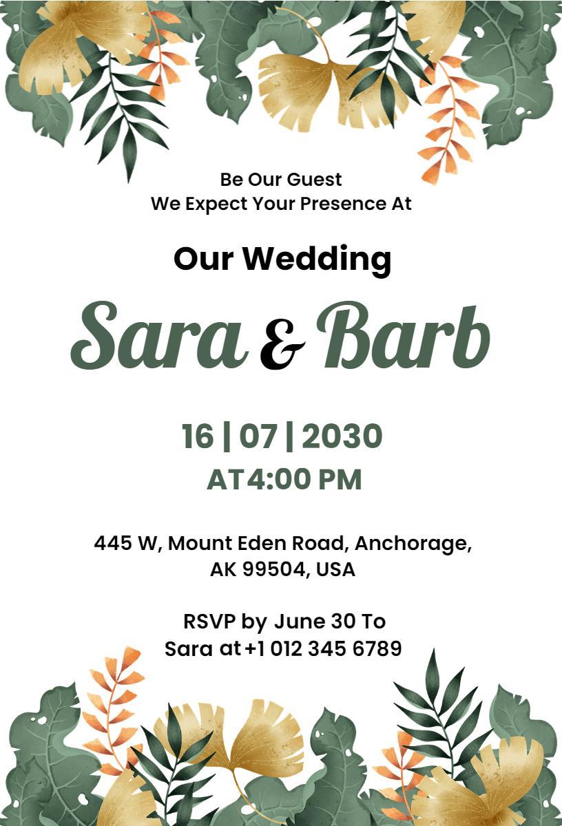 Elegant Tropical Greenery Wedding Celebration Invitation Template