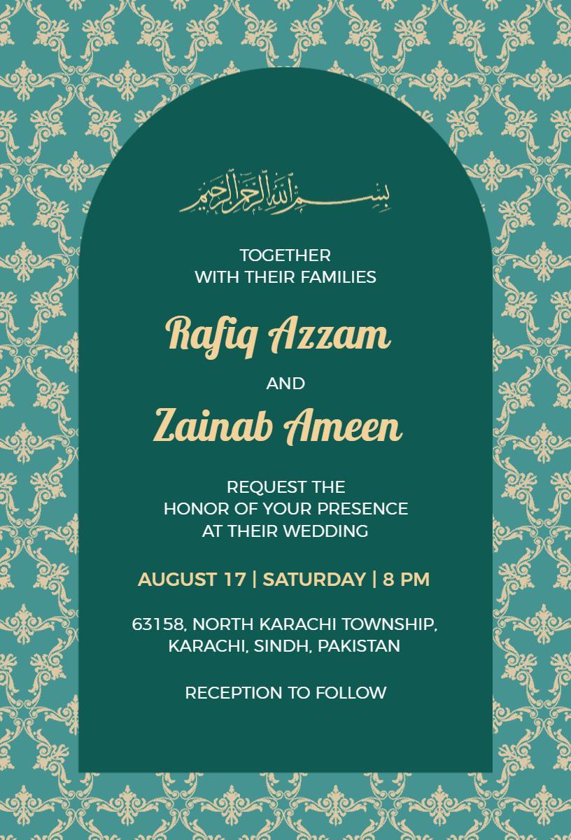 Elegant Turquoise Muslim Wedding Celebration Invitation Template