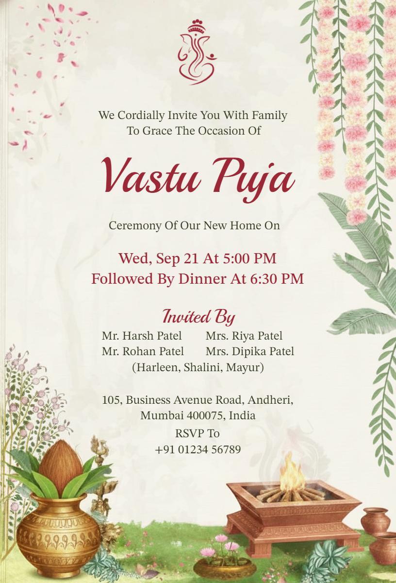 Elegant Vastu Puja New Home Ceremony Invitation Template