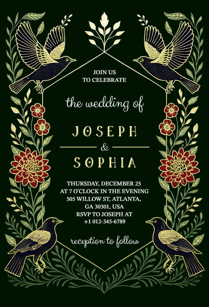 Elegant Vintage Bird Theme Wedding Celebration Invitation Template