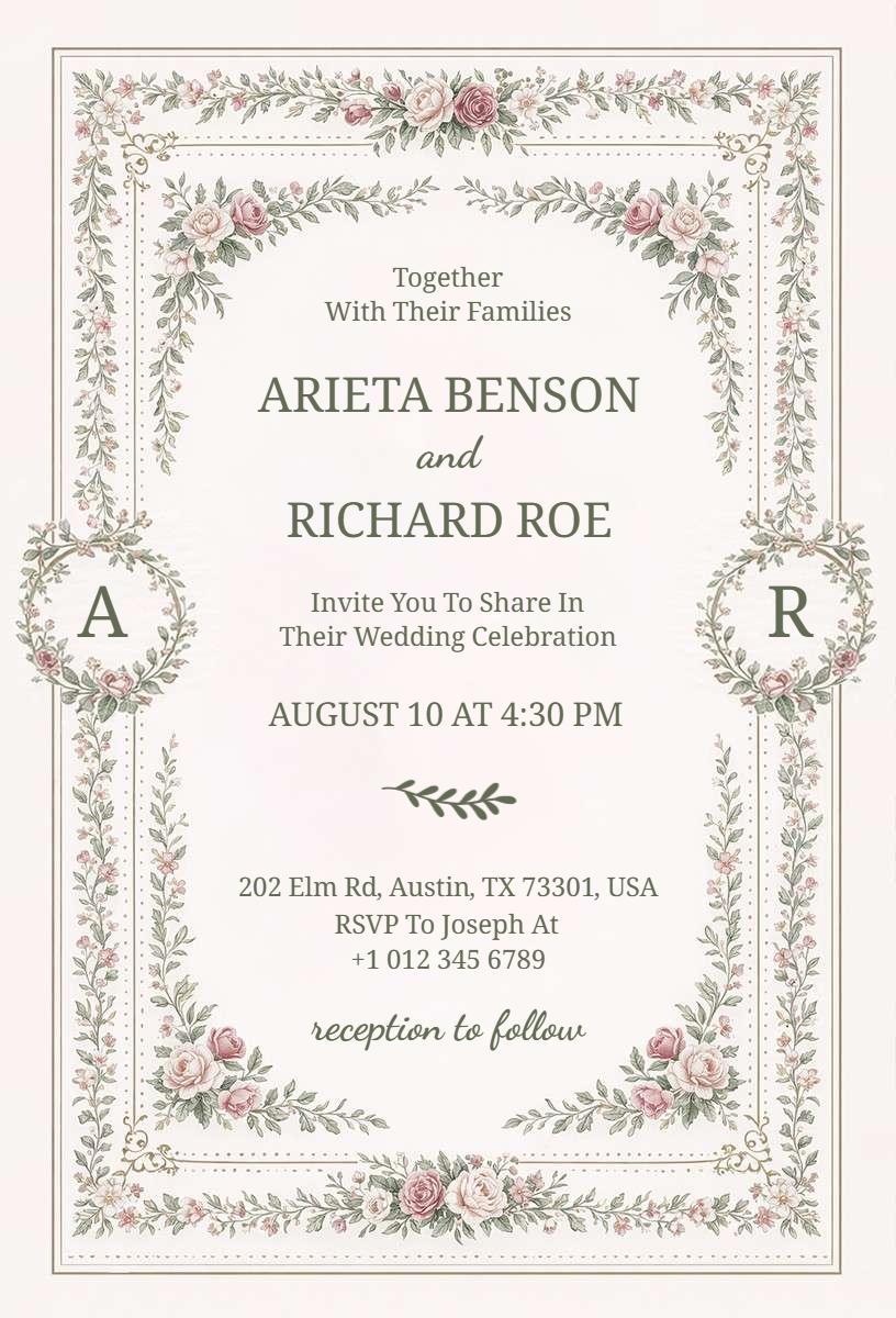 Elegant Vintage Floral Wedding Celebration Invitation Template