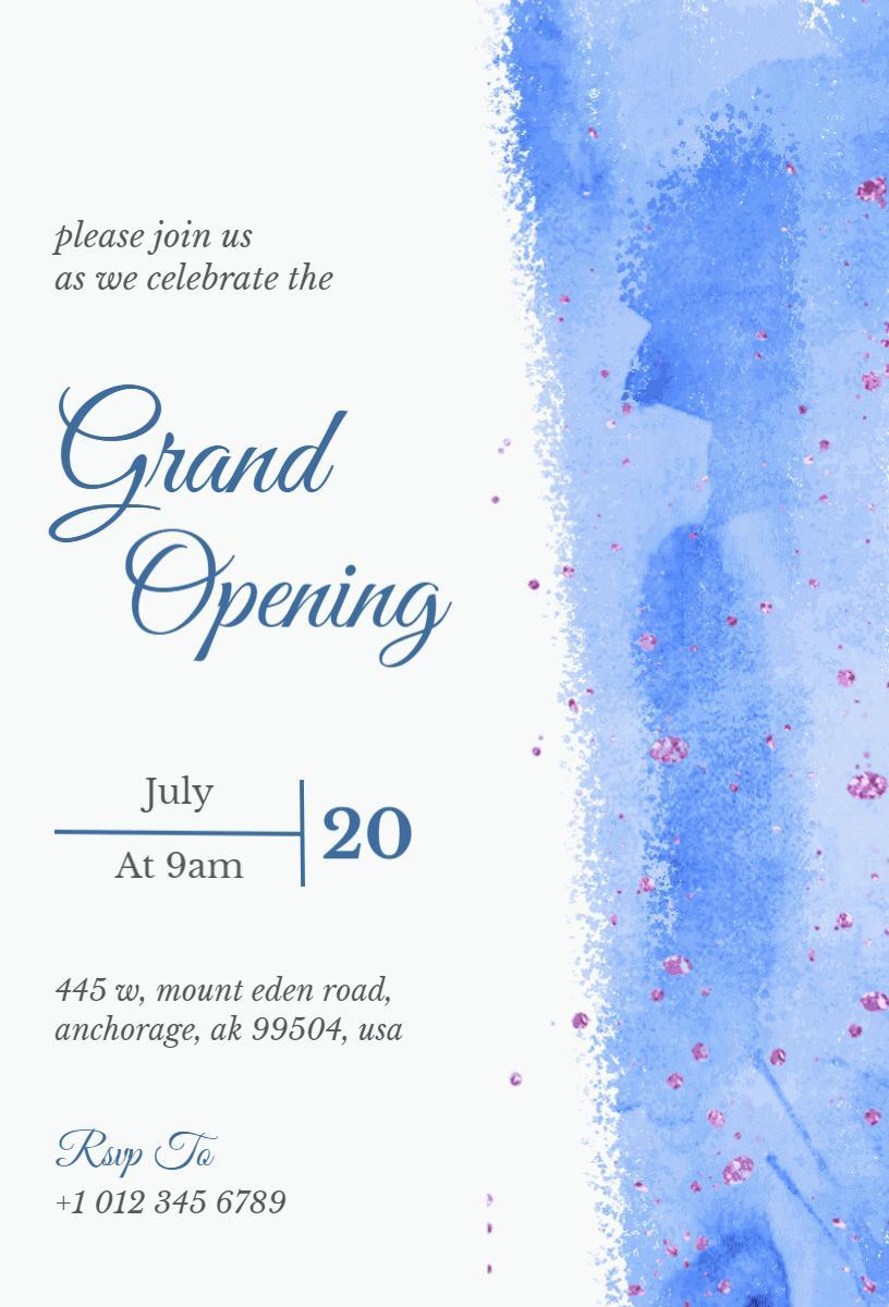 Elegant Watercolor Blue Grand Opening Invitation Template