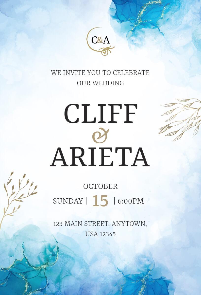 Elegant Watercolor Blue Wedding Ceremony Invitation Template