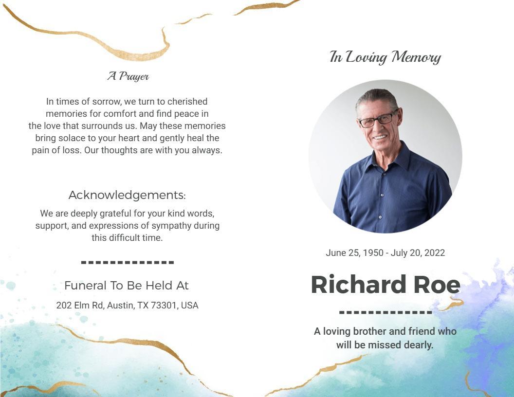 Elegant Watercolor Memorial Service In Loving Memory Brochure Template