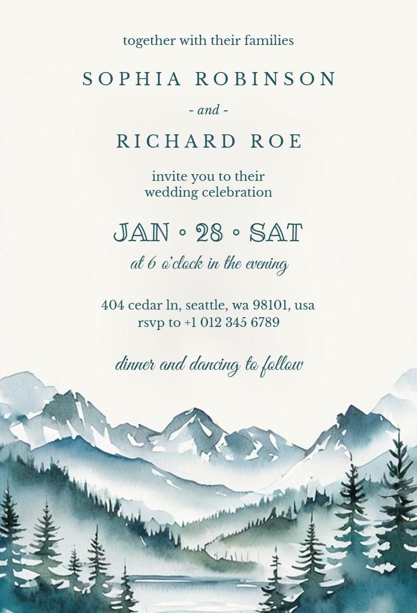 Elegant Watercolor Mountain Landscape Wedding Invitation Template