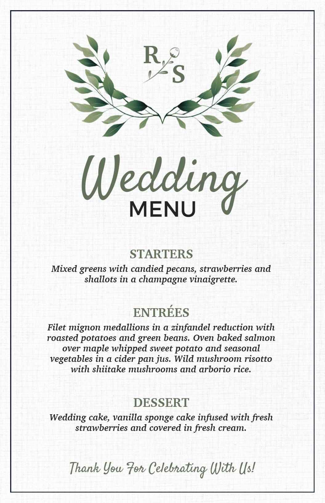 Elegant Wedding Cuisine with Starters and Rich Entrées Menu Template