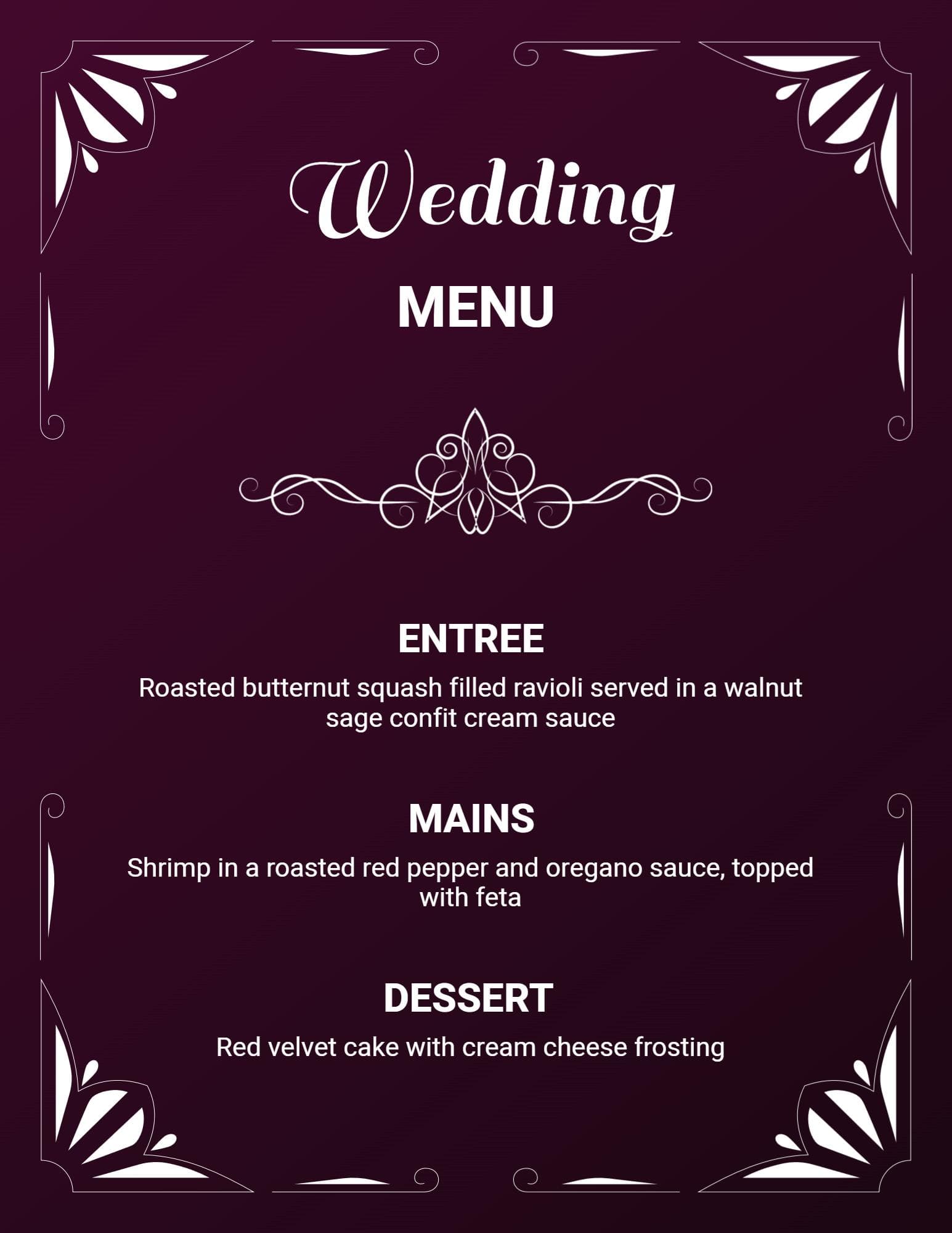Elegant Wedding Entrees and Desserts with Lavish Presentation Menu Template