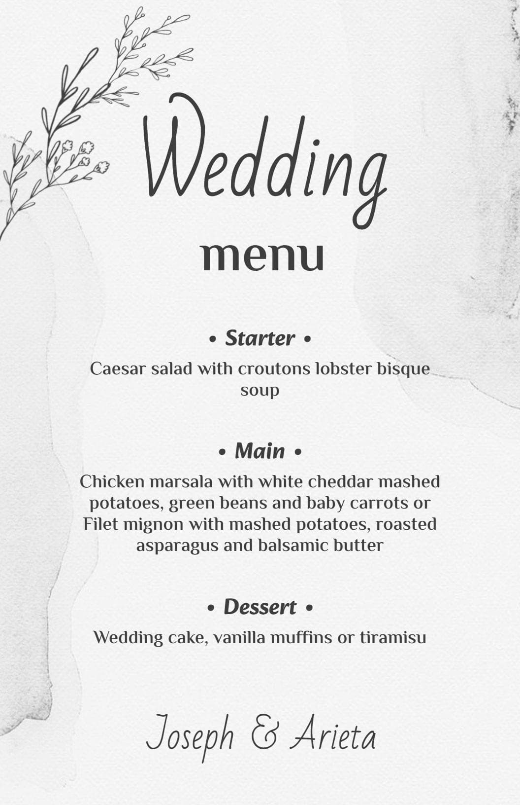 Elegant Wedding Menu Featuring Starters, Mains, and Desserts Template