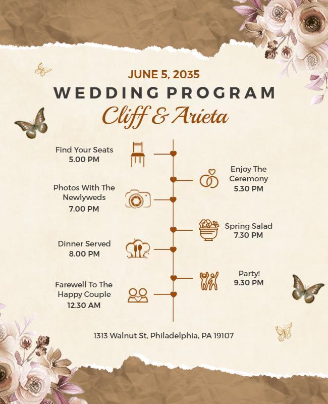 Elegant Floral Wedding Program Schedule Flyer Template