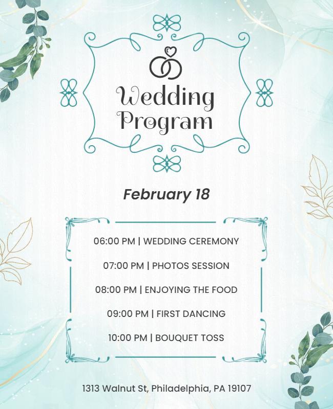 Delicate Aqua Floral Wedding Program Flyer Template