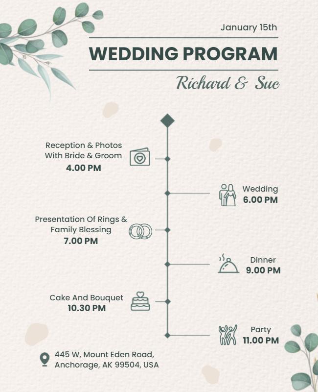 Elegant Green Wedding Program with Timelines Flyer Template