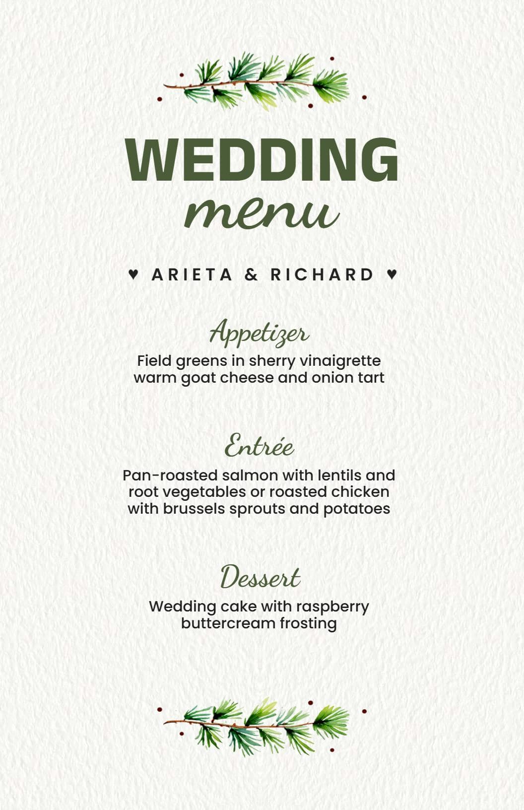 Elegant Wedding Reception Dishes and Dessert Selections Menu Template