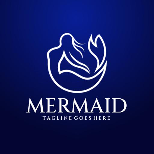 Elegant White Mermaid Silhouette Against Blue Background Logo Template
