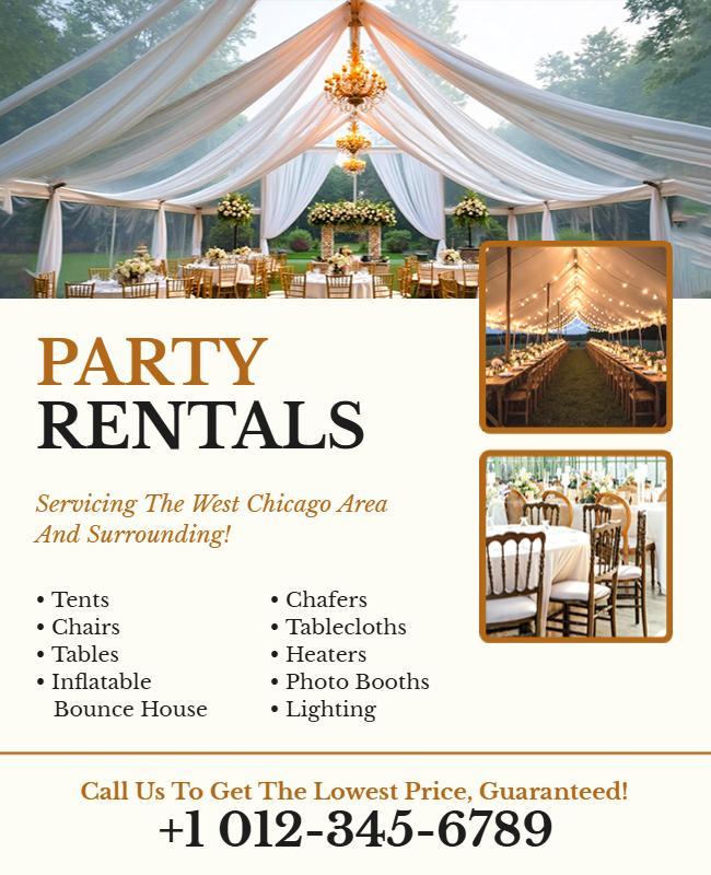 Elegant White Party Rentals Services Poster Template