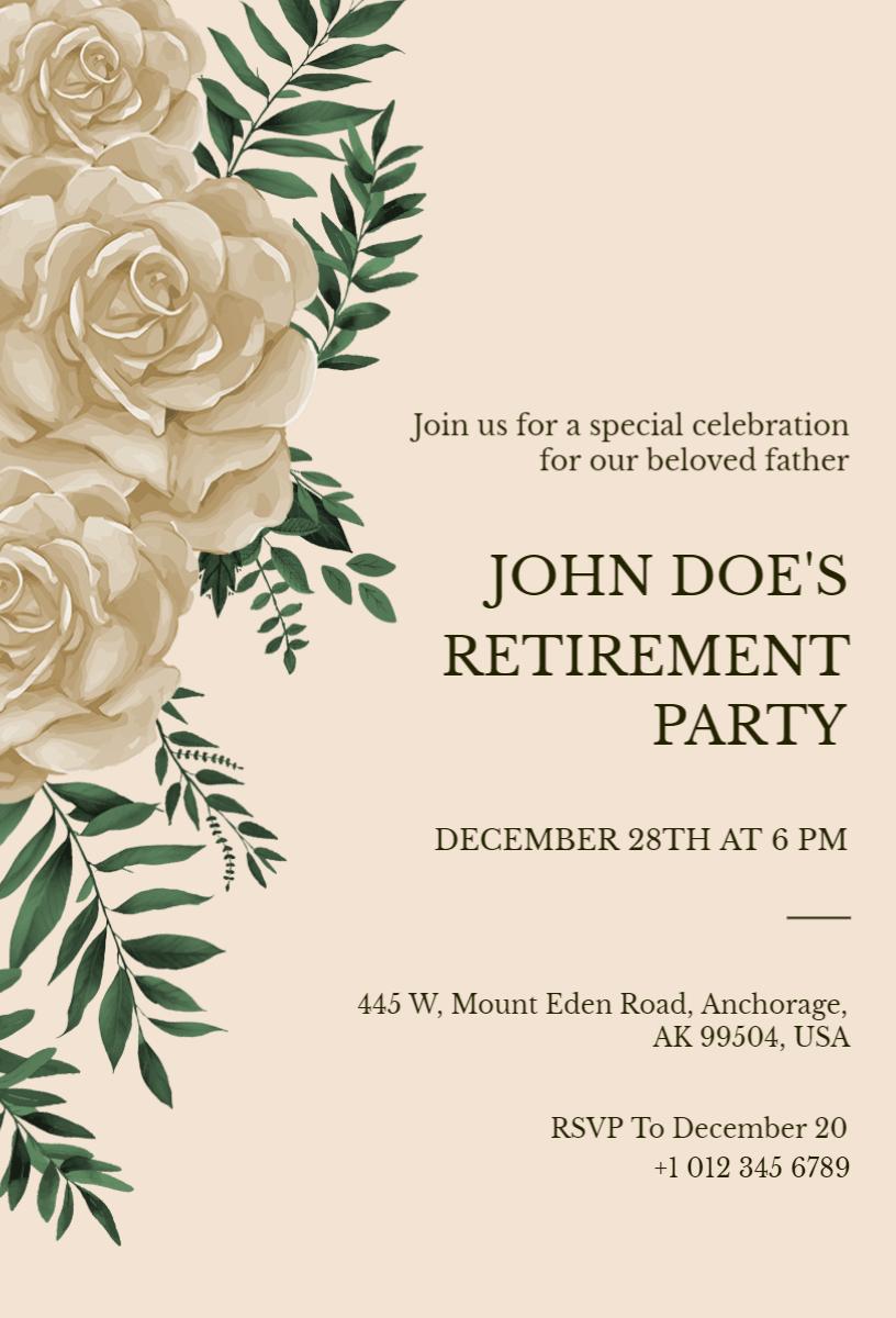 Elegant White Rose Themed Retirement Party Invitation Template