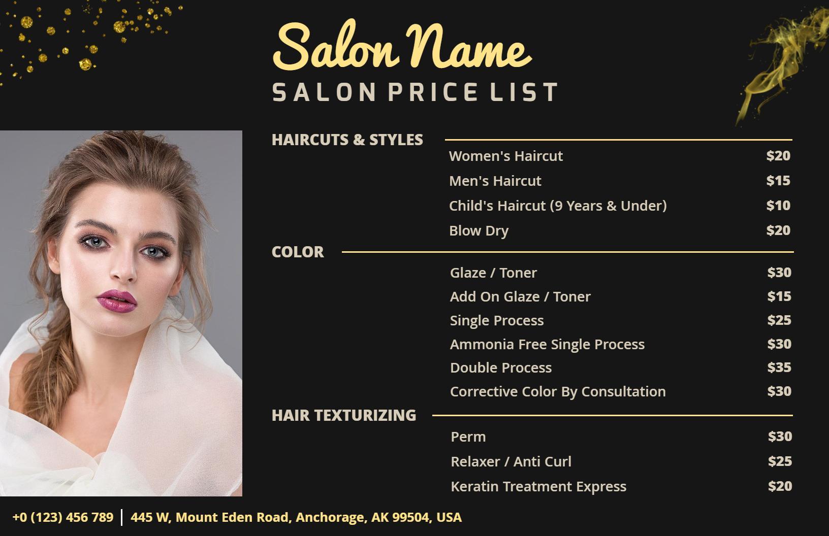 Elegant Women's and Men's Haircut Options Salon Price List Template