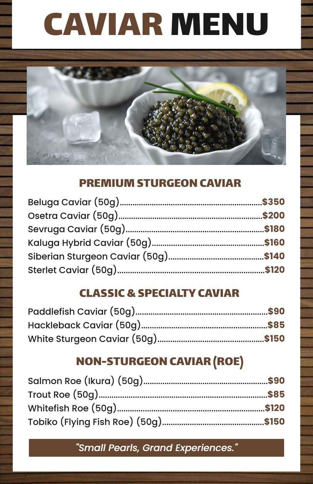 Elegant Wooden Sturgeon and Specialty Caviar Menu Template