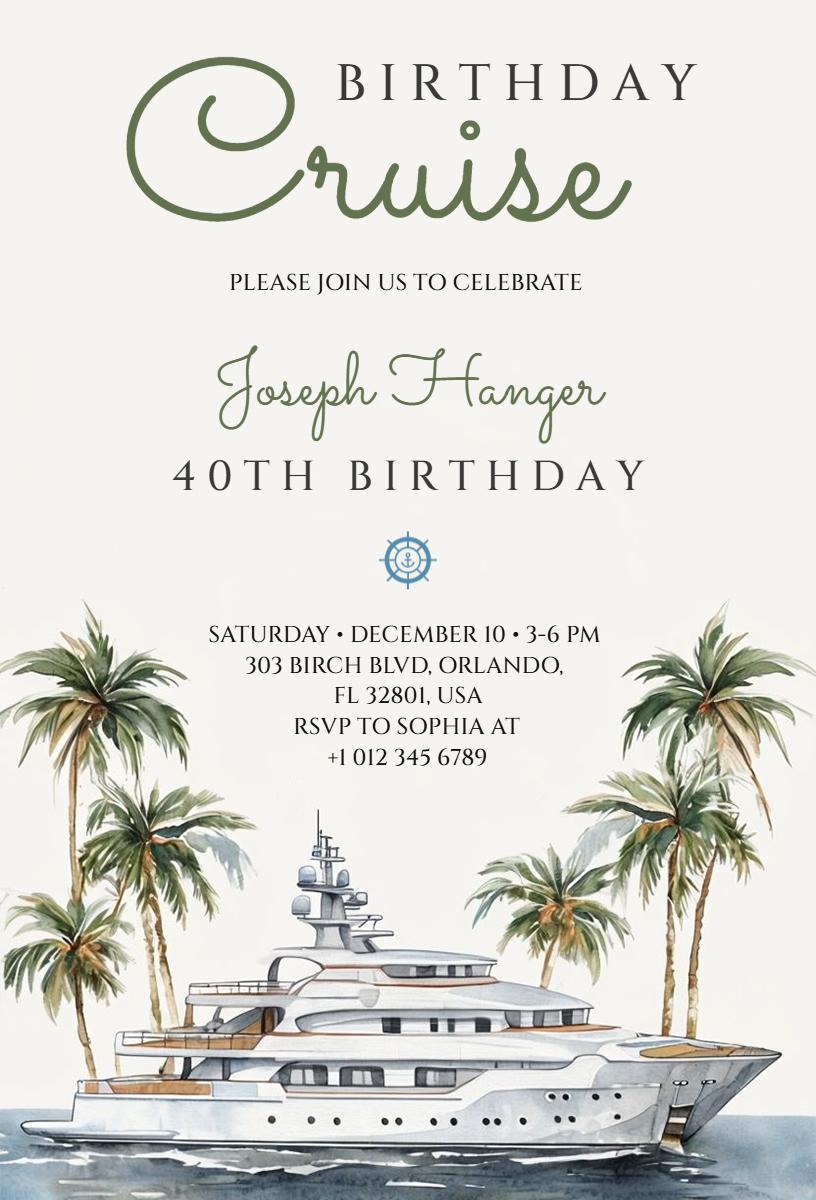 Elegant Yacht Cruise 40th Birthday Celebration Invitation Template