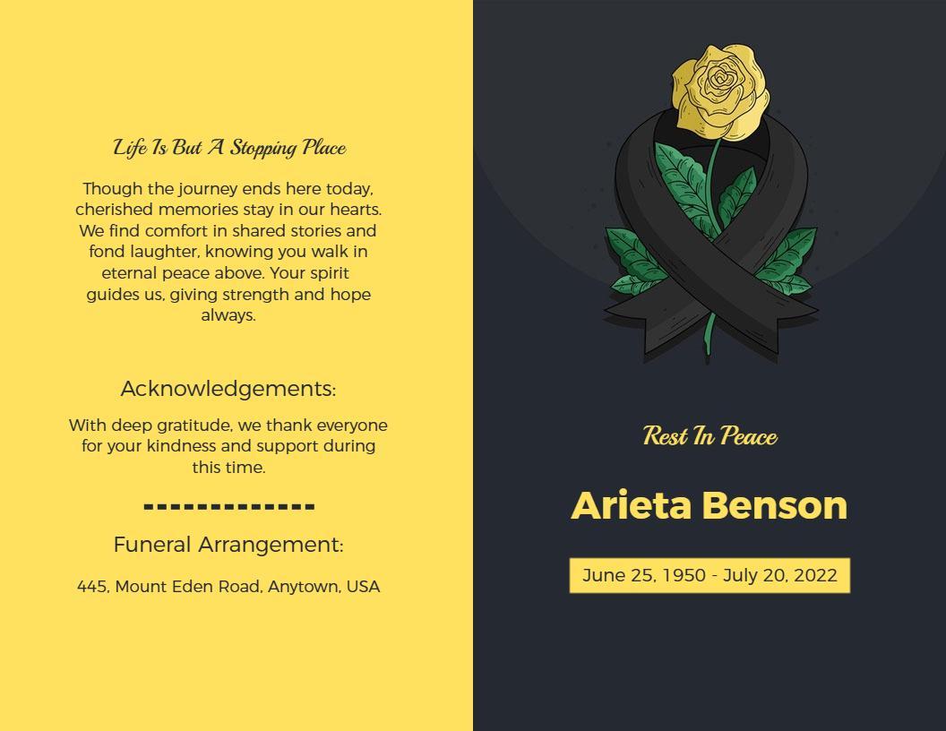 Elegant Yellow and Black Funeral Memorial Service Brochure Template