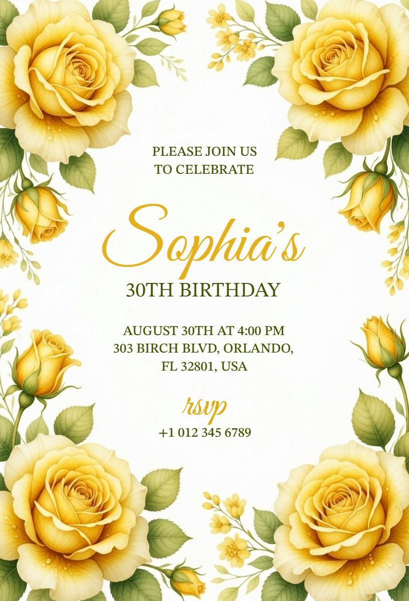 Elegant Yellow Floral 30th Birthday Celebration Invitation Template