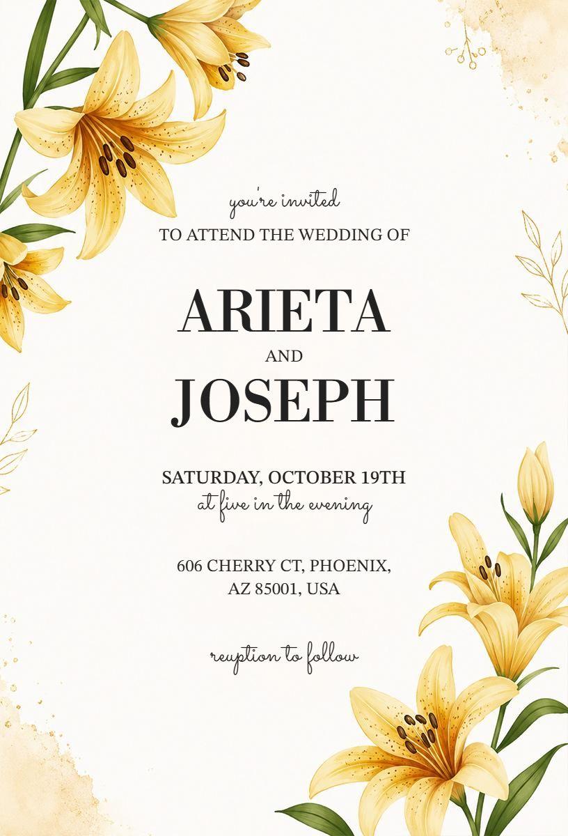 Elegant Yellow Floral Wedding Ceremony Invitation Template