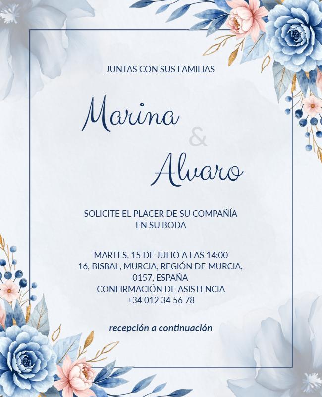 Elegante Plantilla De Volante De Invitación De Boda Con Rosas Azules