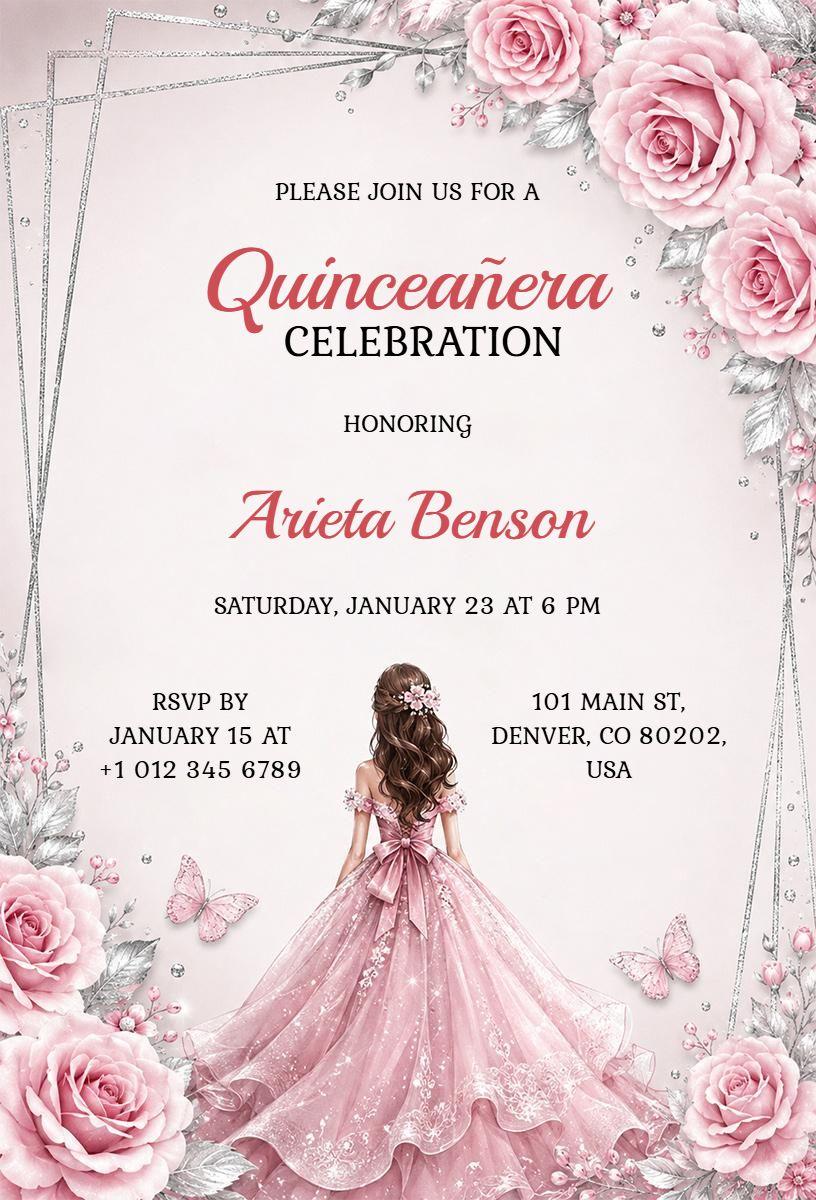 Elegantly Floral Quinceanera Celebration Invitation Template
