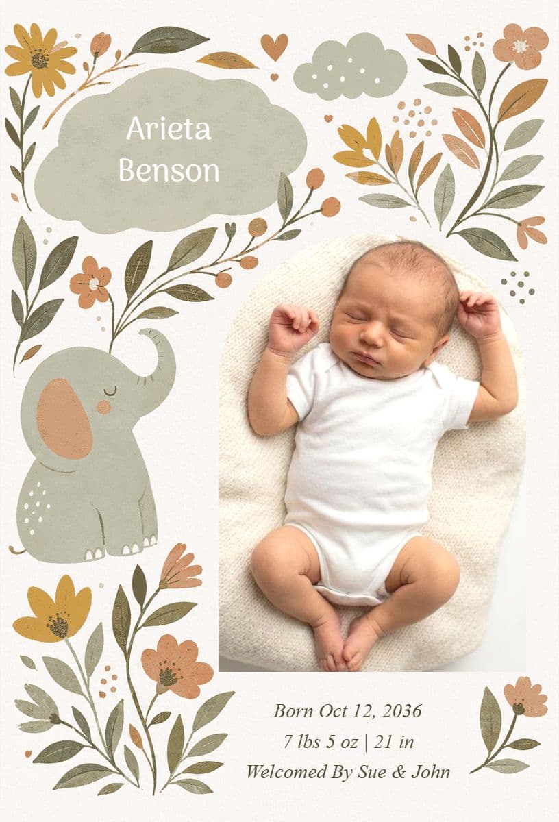 Elephant and Flowers Birth Announcement Template