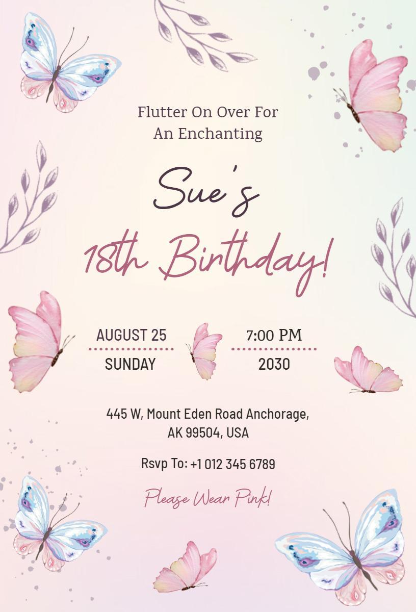 Enchanting Butterfly Theme 18th Birthday Celebration Invitation Template