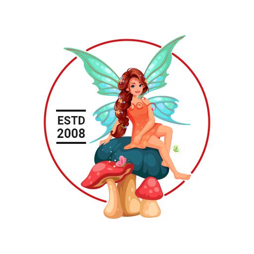 Enchanting Fairy Character Sitting on Colorful Mushrooms Logo Template