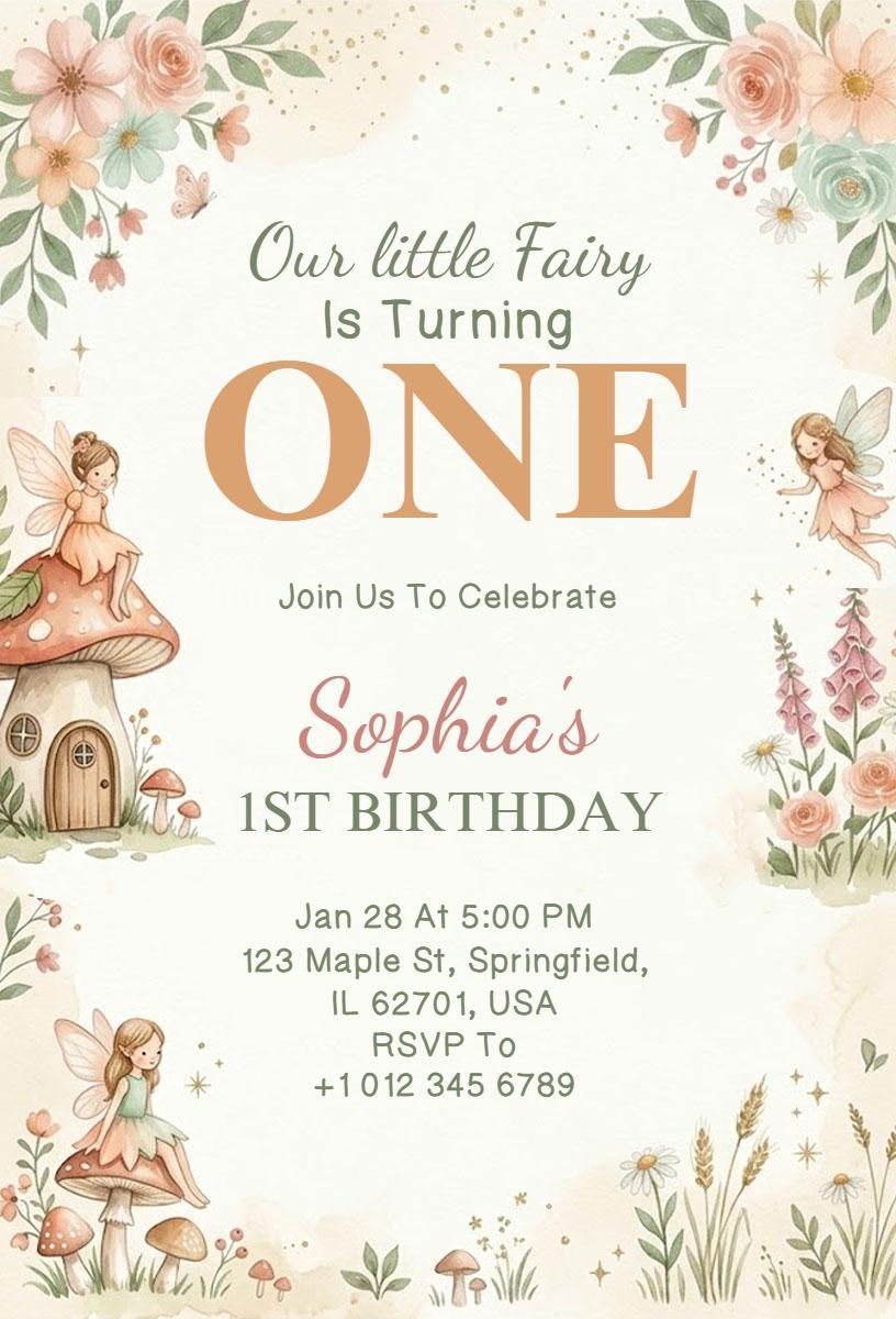 Enchanting Fairy-Themed First Birthday Celebration Invitation Template