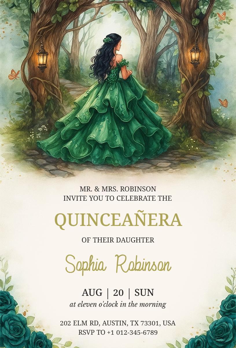 Enchanting Forest Green Quinceanera Celebration Invitation Template