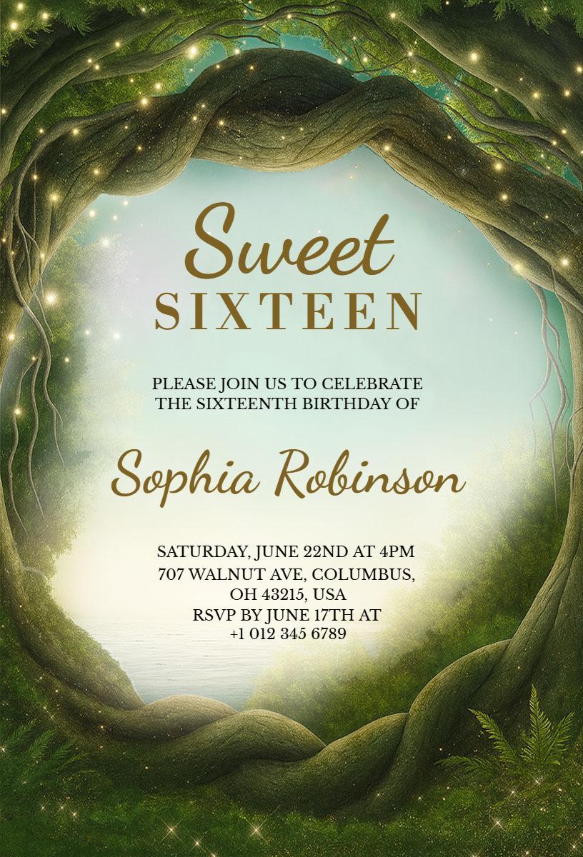 Enchanting Forest Sweet 16 Birthday Celebration Invitation Template
