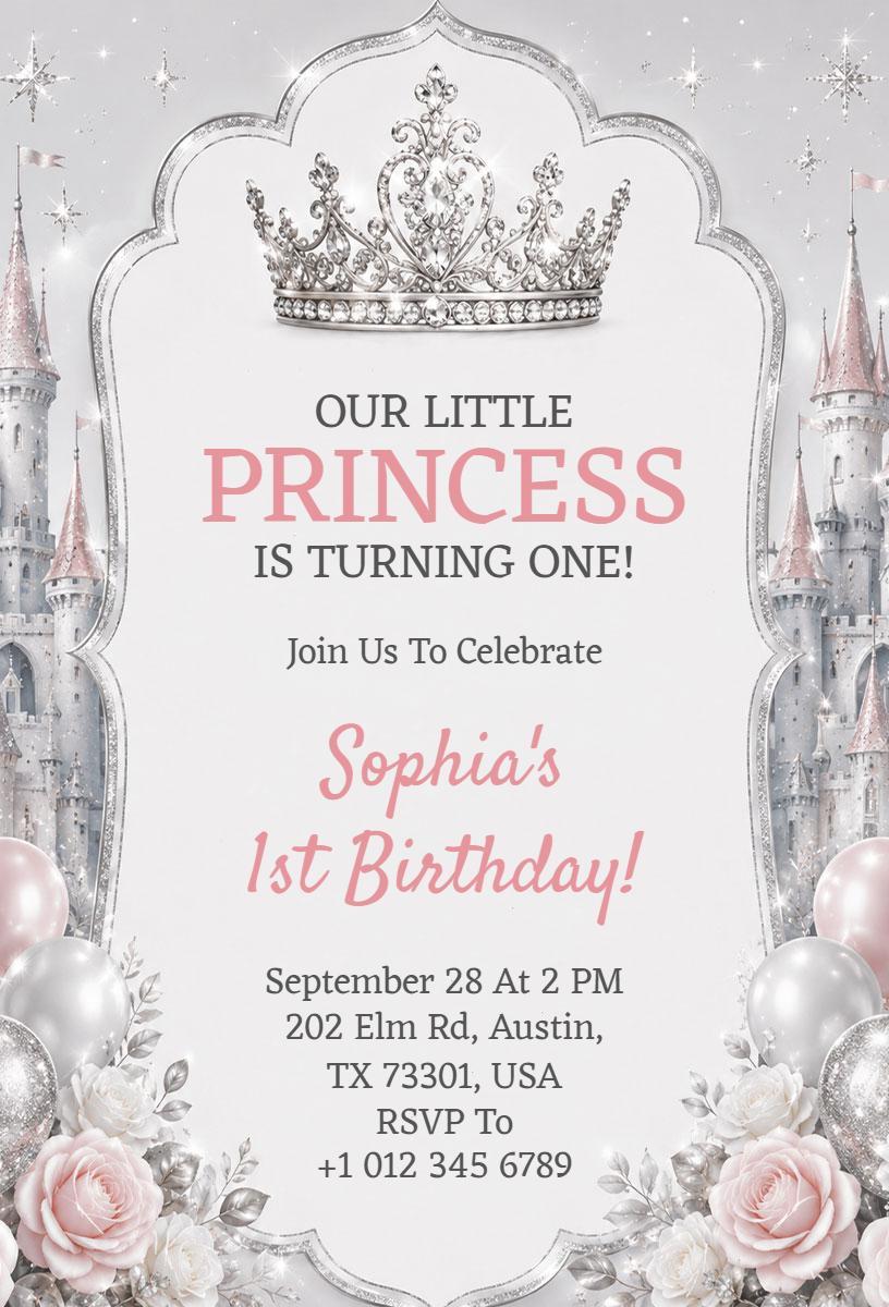 Enchanting Princess First Birthday Celebration Invitation Template