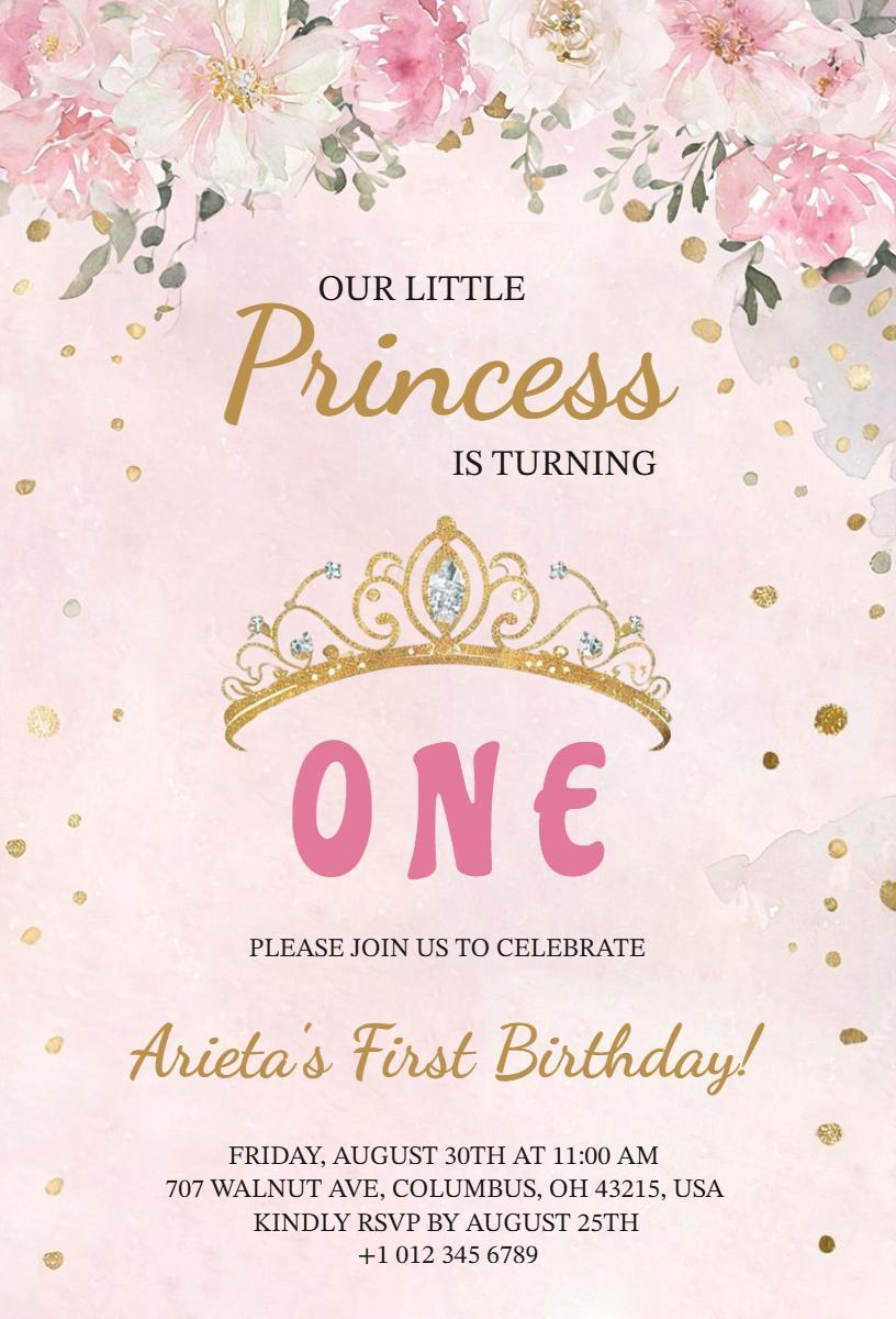 Enchanting Princess Floral First Birthday Celebration Invitation Template
