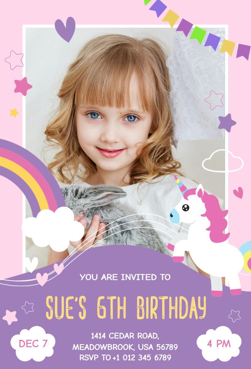 Enchanting Unicorn Theme 6th Birthday Celebration Invitation Template