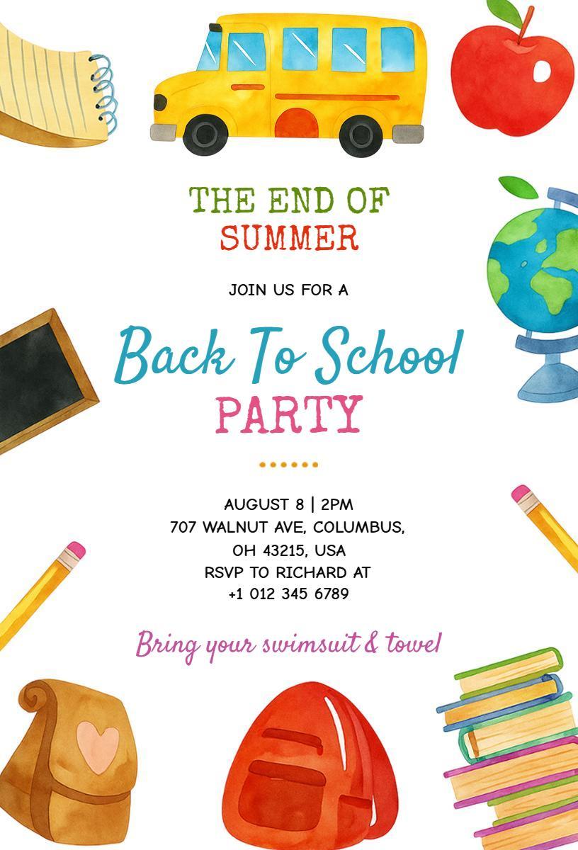 End of Summer Fun Back To School Party Invitation Template