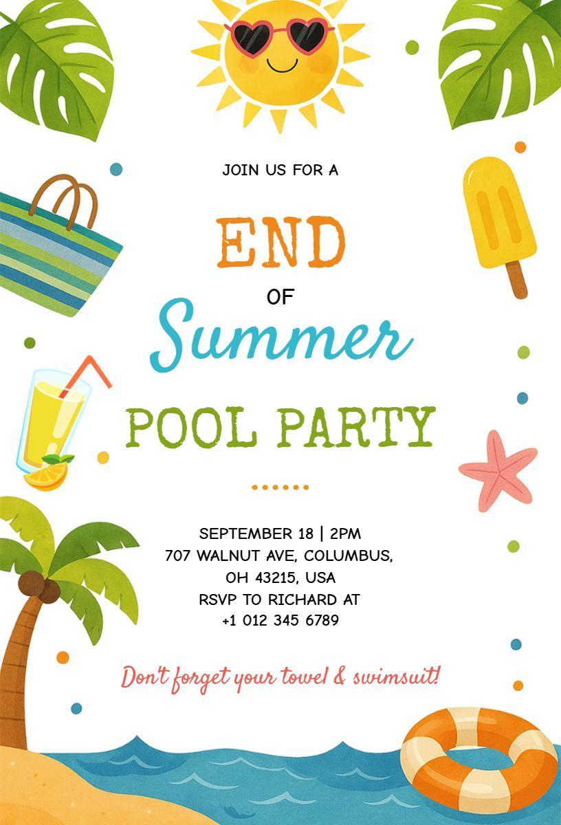End of Summer Tropical Vibes Pool Party Invitation Template