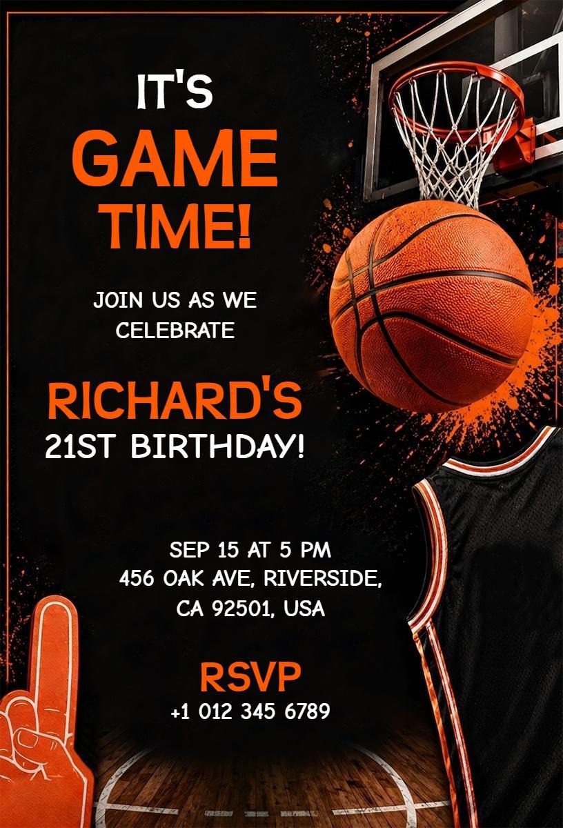 Energetic Basketball Game Themed Birthday Celebration Invitation Template