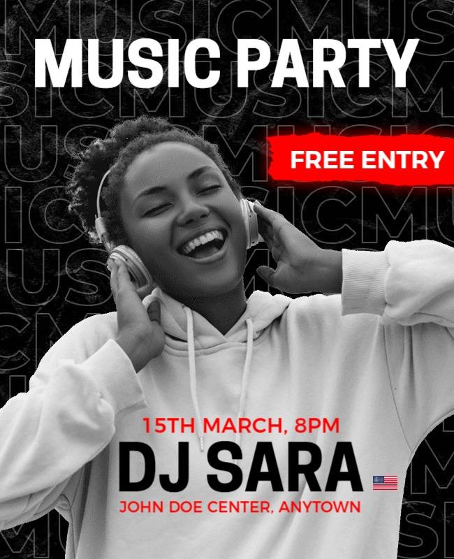 Energetic Black and White DJ Music Party Poster Template