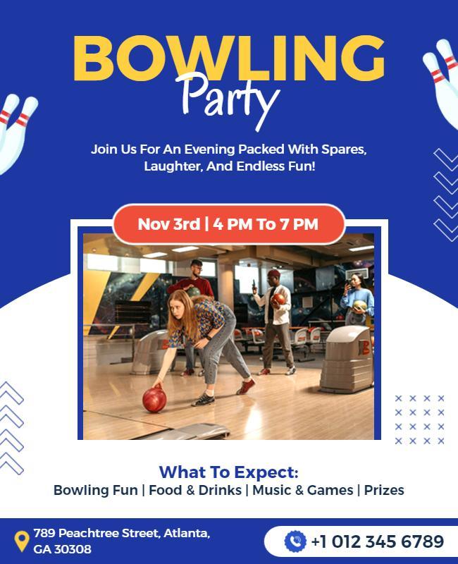 Energetic Blue Bowling Party Celebration Poster Template