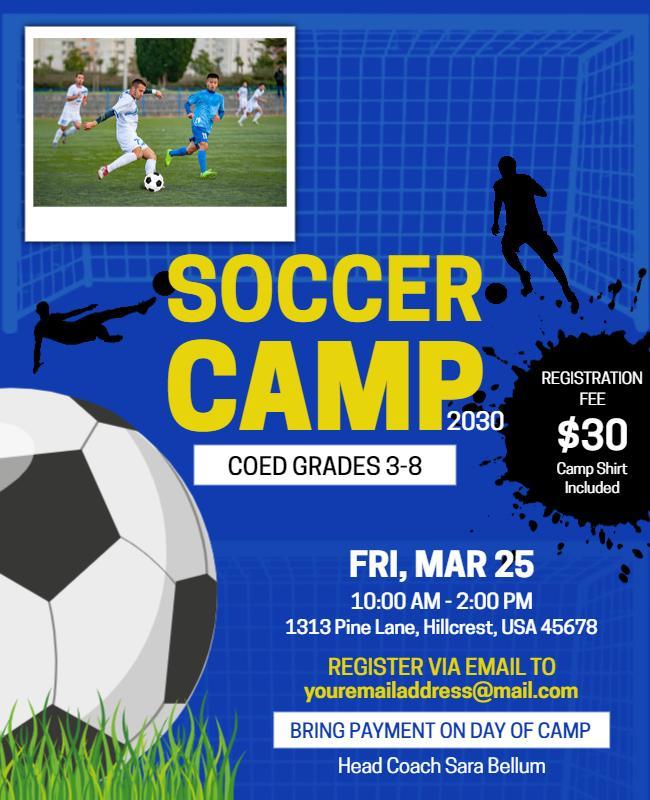 Energetic Blue Soccer Camp for Kids with Action Poster Template