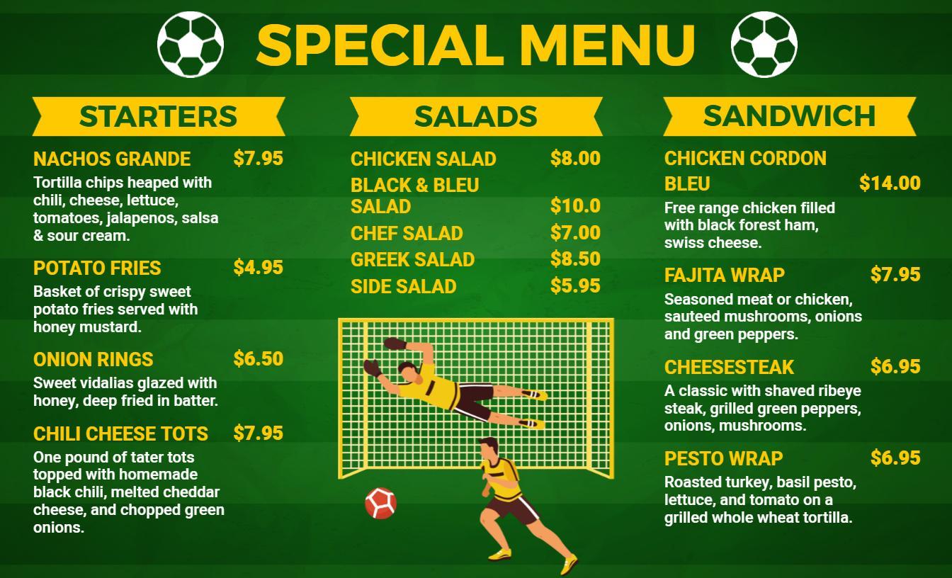 Energetic Green and Yellow Soccer Style Café Menu Template
