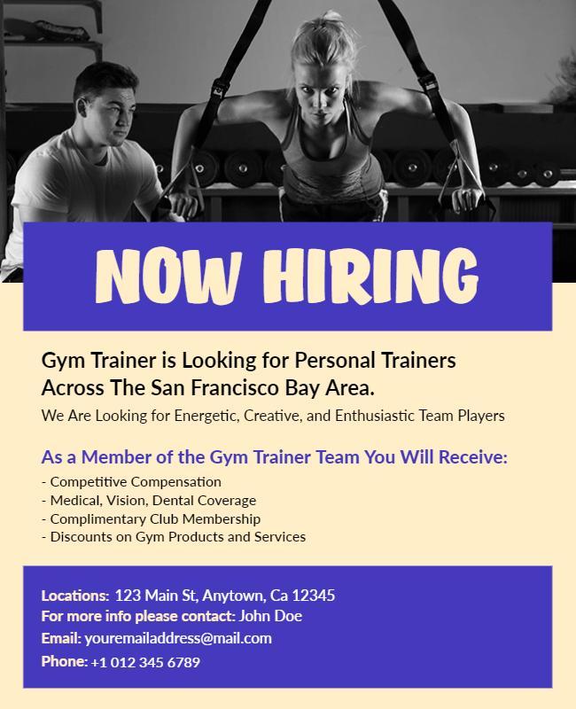 Energetic Purple Gym Trainer Hiring Advertisement Poster Template