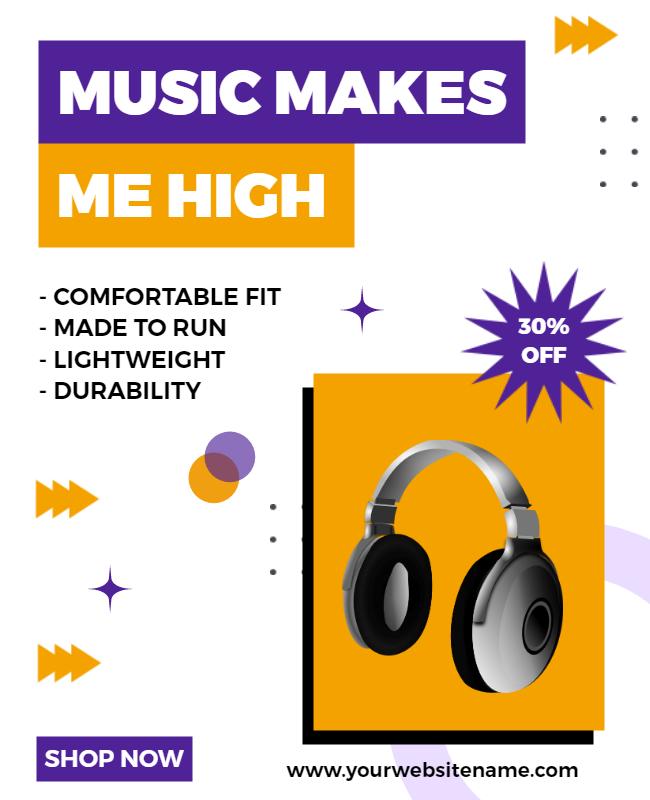Energetic Purple Music Headphones Sale Poster Template