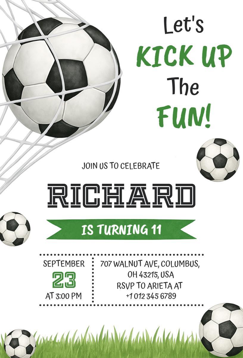Energetic Soccer Themed Birthday Celebration Invitation Template