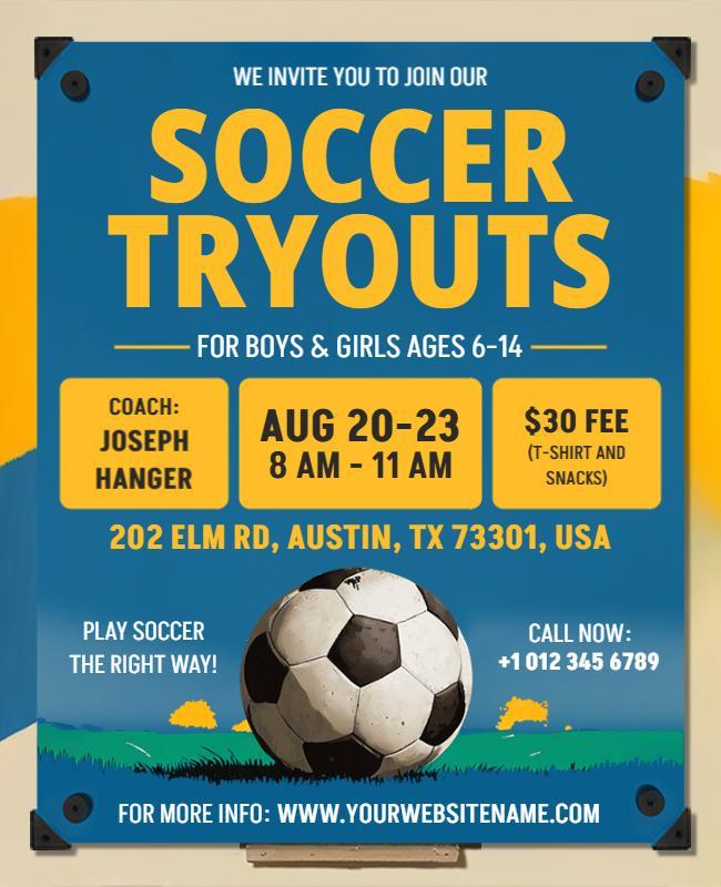 Energetic Yellow Soccer Tryouts for Kids Ages 6-14 Poster Template