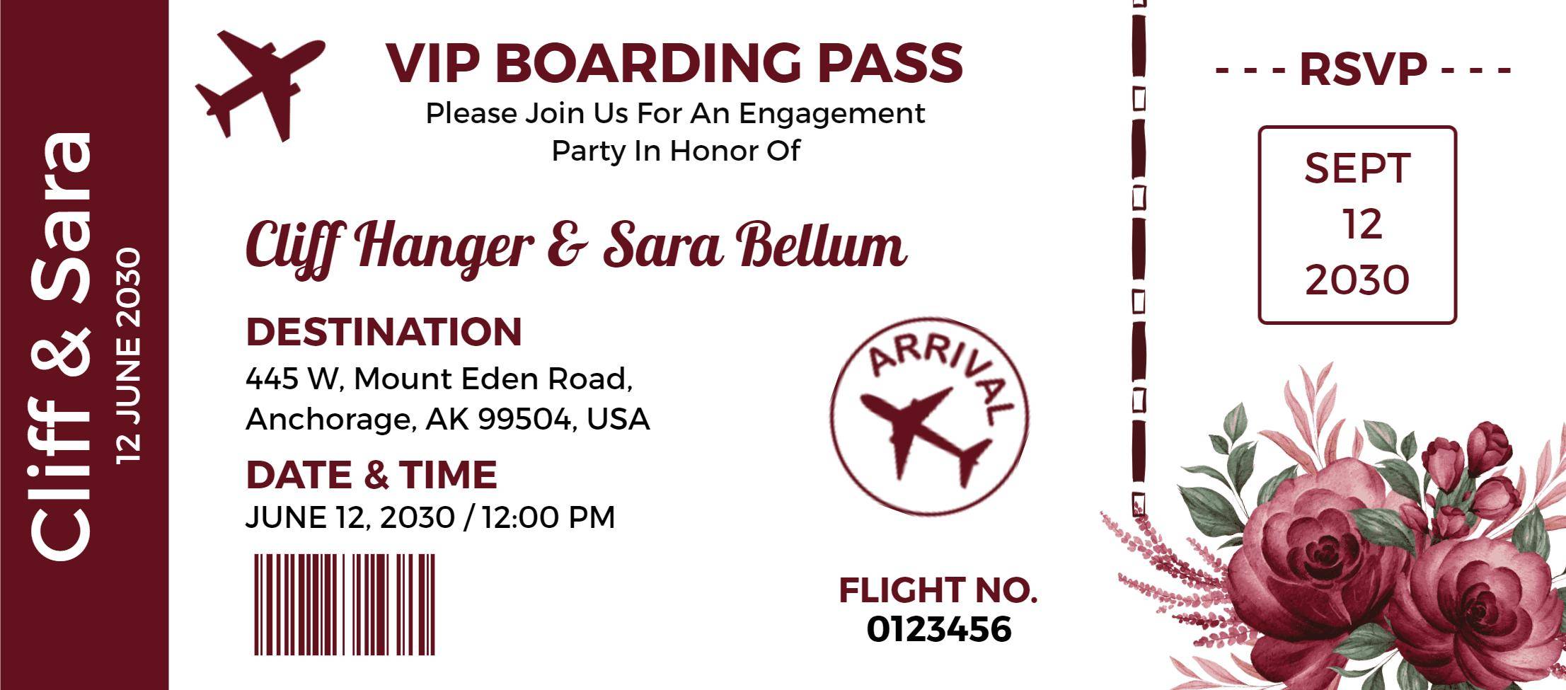 Engagement Party Adventure Themed Boarding Pass Invitation Template