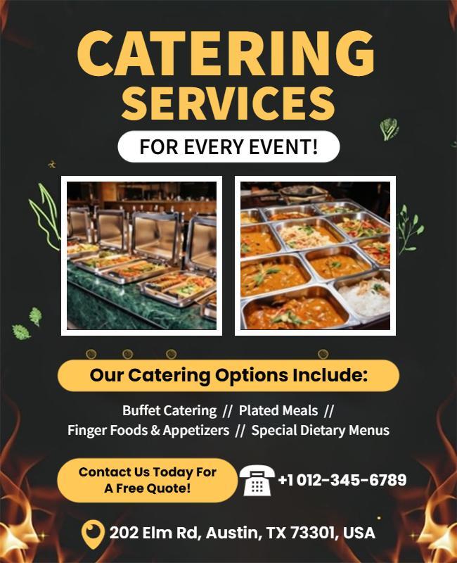Engaging Black and Gold Catering Services Event Poster Template